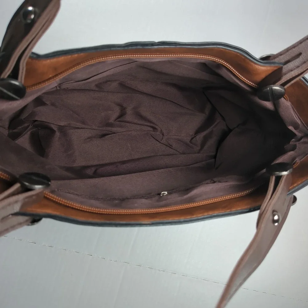 Brown Soft Vegan Leather Satchel Handbag Multi-Pocket Organizer Purse NEW